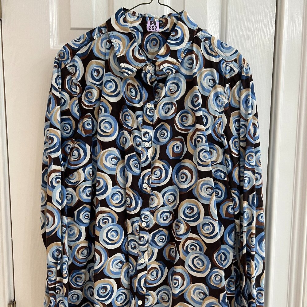 J. McLaughlin Lois Shirt in Brown/Blue Swirl Print - Size XL